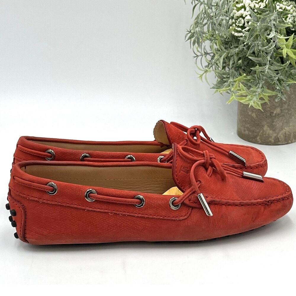 Tod's Gommino Orange Nubuck Leather Bow Detail Loafers Driving Shoe Sz 34/3